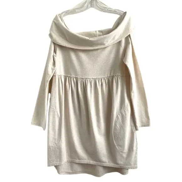Anthropologie Sz M Off The Shoulder Dress Cream Knit Mini Cottage Core Comfy NWT - Picture 3 of 11